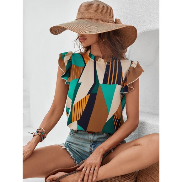 🌟 Mock Neck Lettuce Trim Ruffle short sleeve Blouse black - Picture 8 of 11